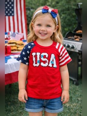 Girls Patriotic USA Shirt Red Flag Sleeve Tee Size 2-3 Years NWT
